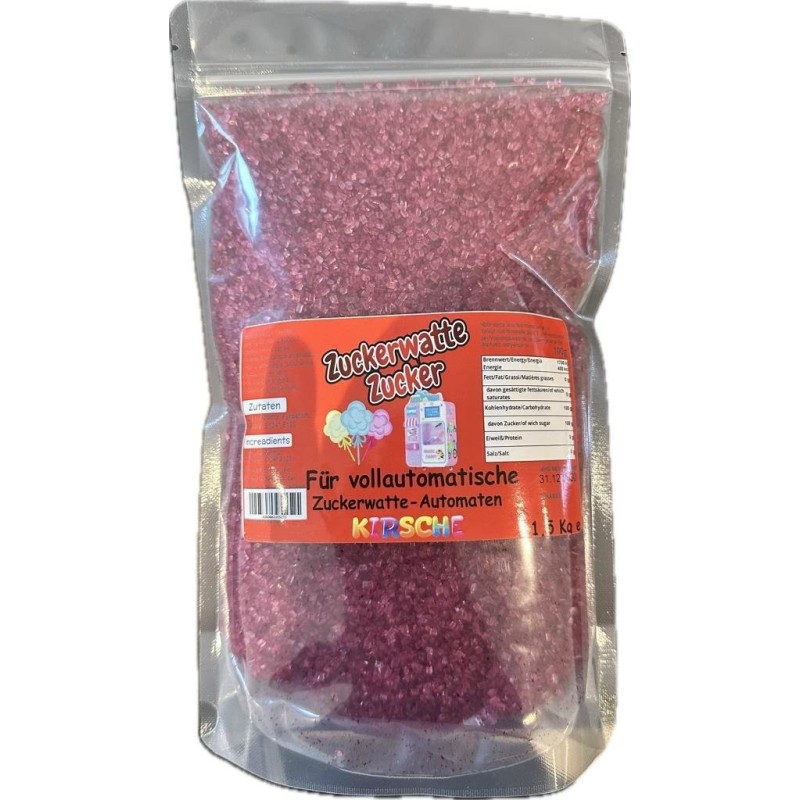 Pink red coarse-grained sugar with cherry flavor for cotton candy machines - 1,5 kg Pink red coarse-grained sugar with cherry flavor for cotton candy machines - 1,5 kg